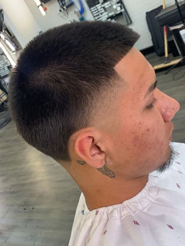 Low Taper Fade Caesar Cut with Hard Part