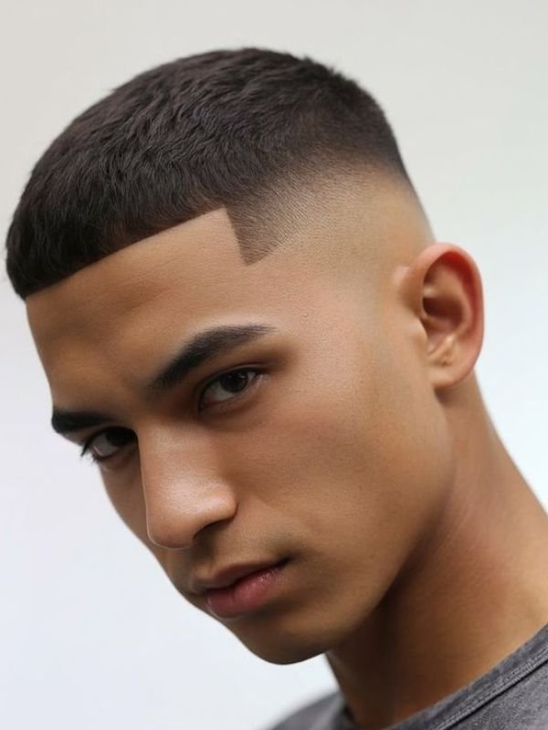 Low Taper Fade Caesar Cut with Line Up