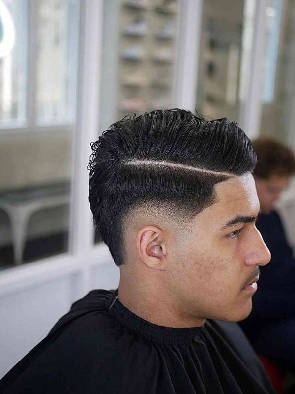 Low Taper Fade Quiff with Hard Part