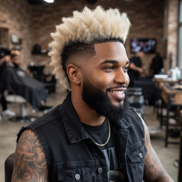 Platinum Blonde Burst Fade Mohawk